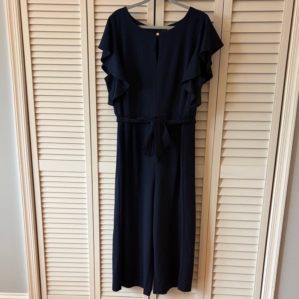 DKNY Formal Jumpsuit, Navy, 18W, Belted, Flutter Sleeve, Keyhole Opening